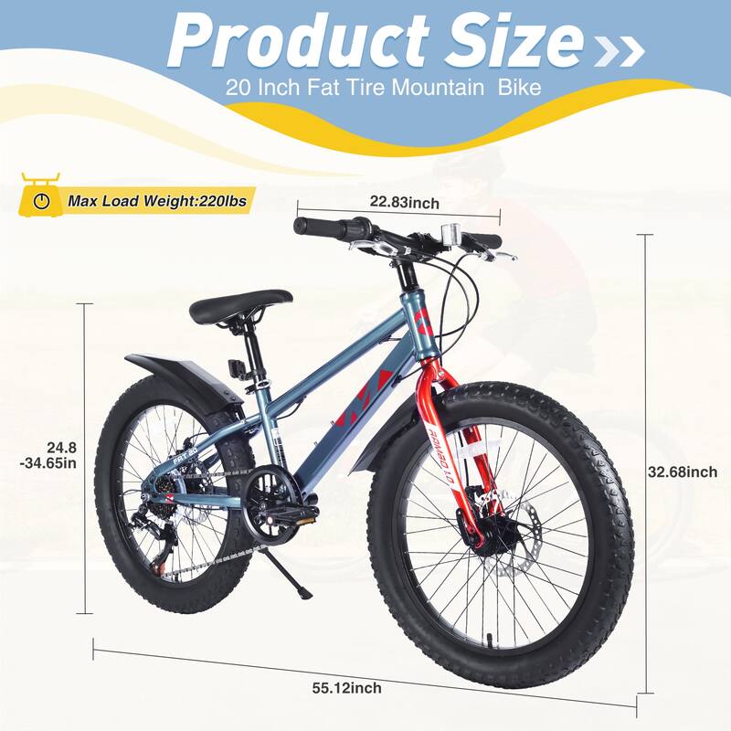 Kids' Fat Tire Bike - Dual-Disc Brake, Shimano 7-Speed, Beach/Snow Bicycle, Unisex - 20