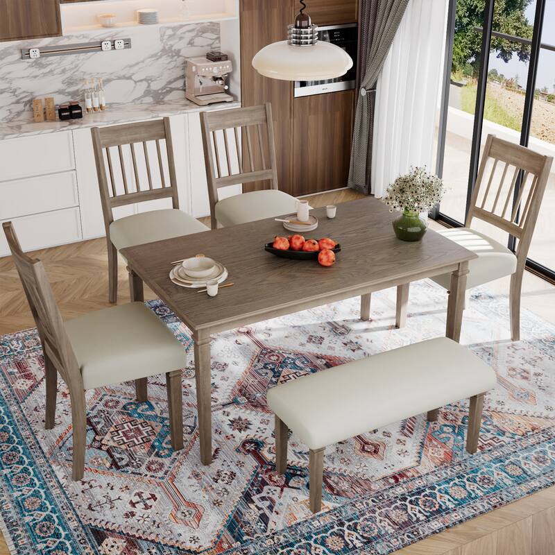 6-Piece Dining Table Set, Including 1 Rectangular Table, 4 Upholstered Chairs & 1 Bench, Wooden Kitchen Table & Chair Set