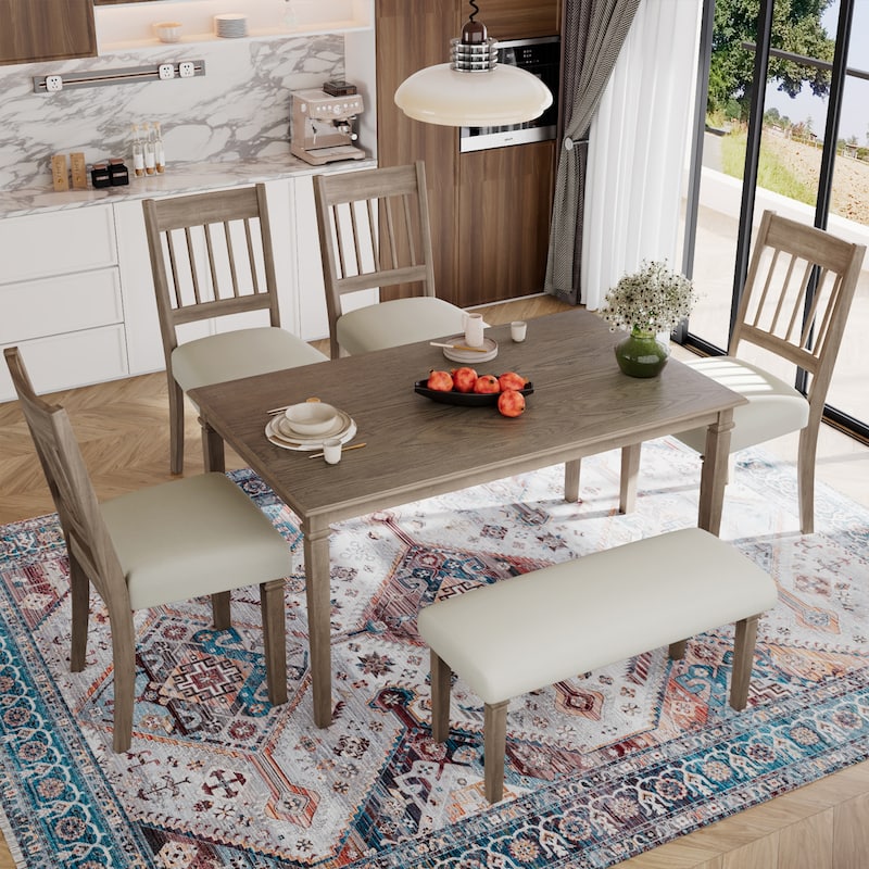 6 Piece Retro Dining Room Set, Kitchen Furniture Set with Wooden Rectangular Table and 4 Chairs, Bench for Kitchen - Brown