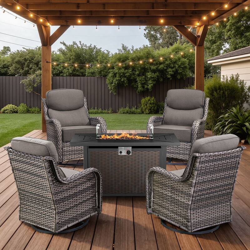 Arcadia 5-Piece Wicker Patio Set with 4 Swivel Glider Chairs and All-Iron Fire Pit