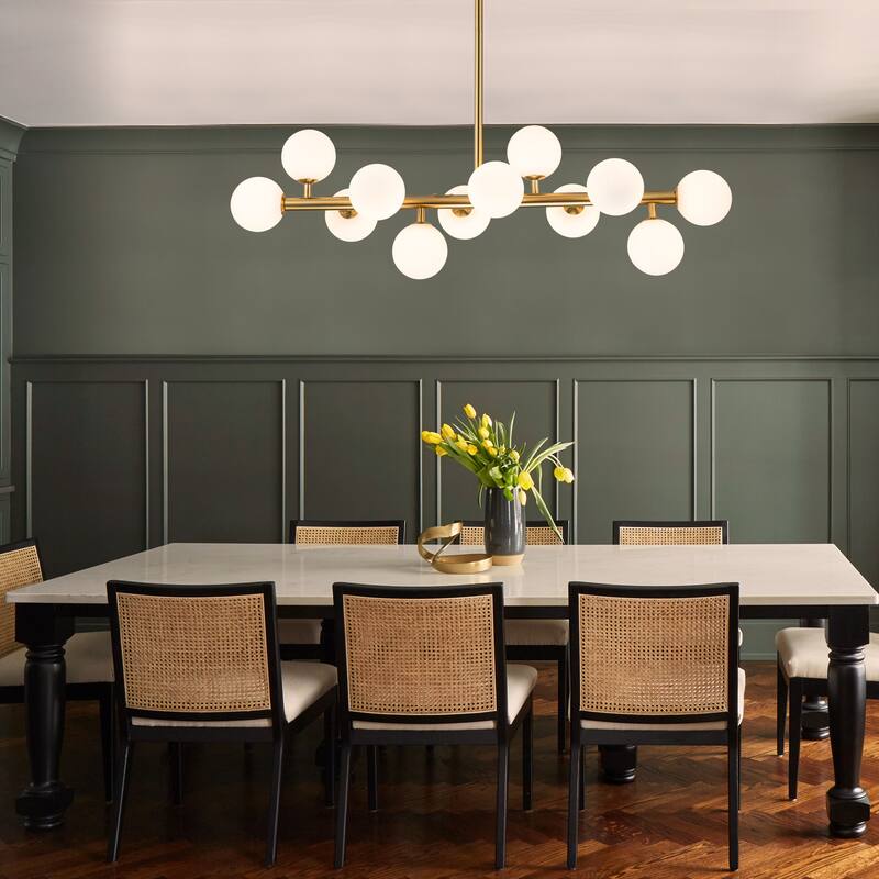 C Cattleya 12-Light Brass Linear Chandelier with Opal Glass Globes