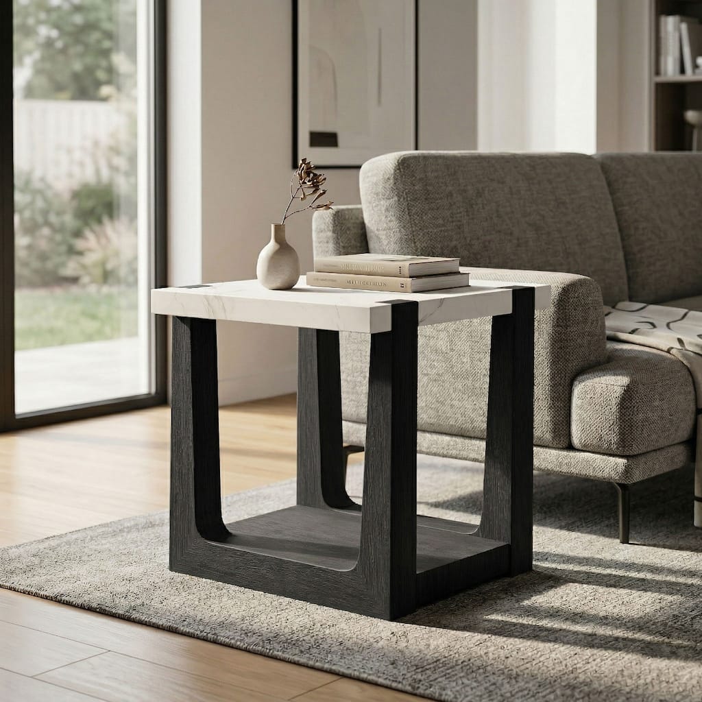Furniture of America Wynel Modern 24-inch 1-Shelf Square Faux Marble Top End Table