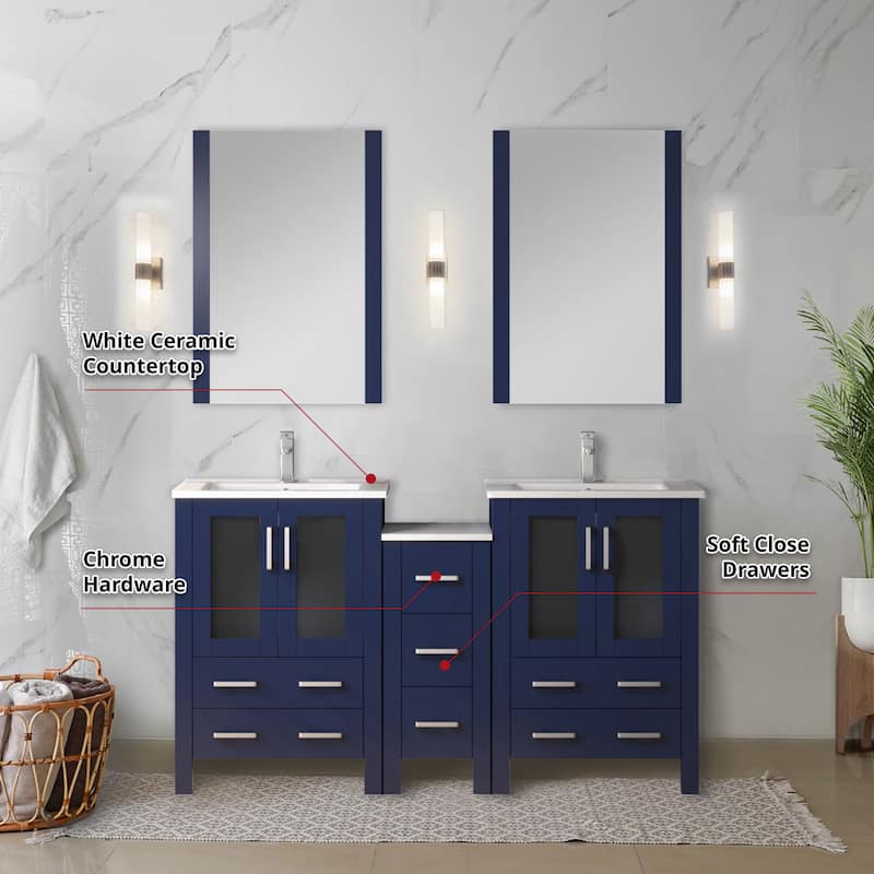 Lexora Volez 60 Inch Bathroom Vanity Cabinet in Navy Blue with Top and Mirror