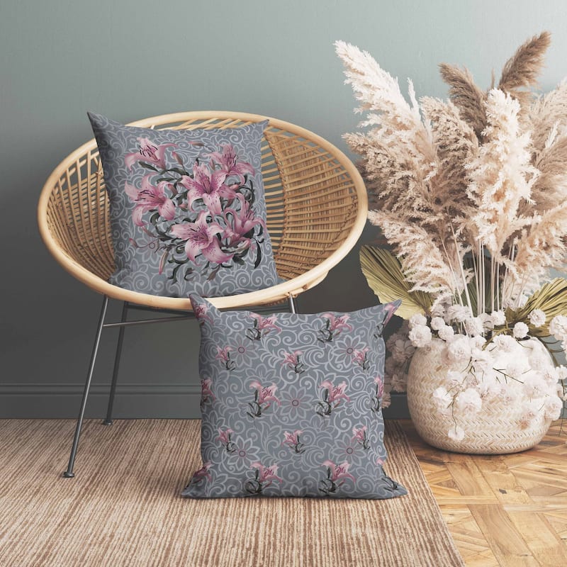 Enchanted Lily Affair Indoor/Outdoor Reversible Throw Pillow Grey and Pink