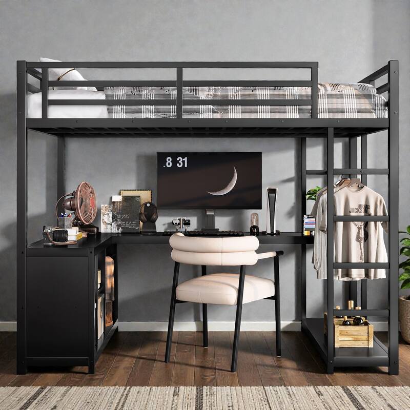 Metal Loft Bed with Wardrobe and L-Shaped Desk, Storage Cubes and Shelves, Space Saving Loft Bed for Teens - Black - Twin