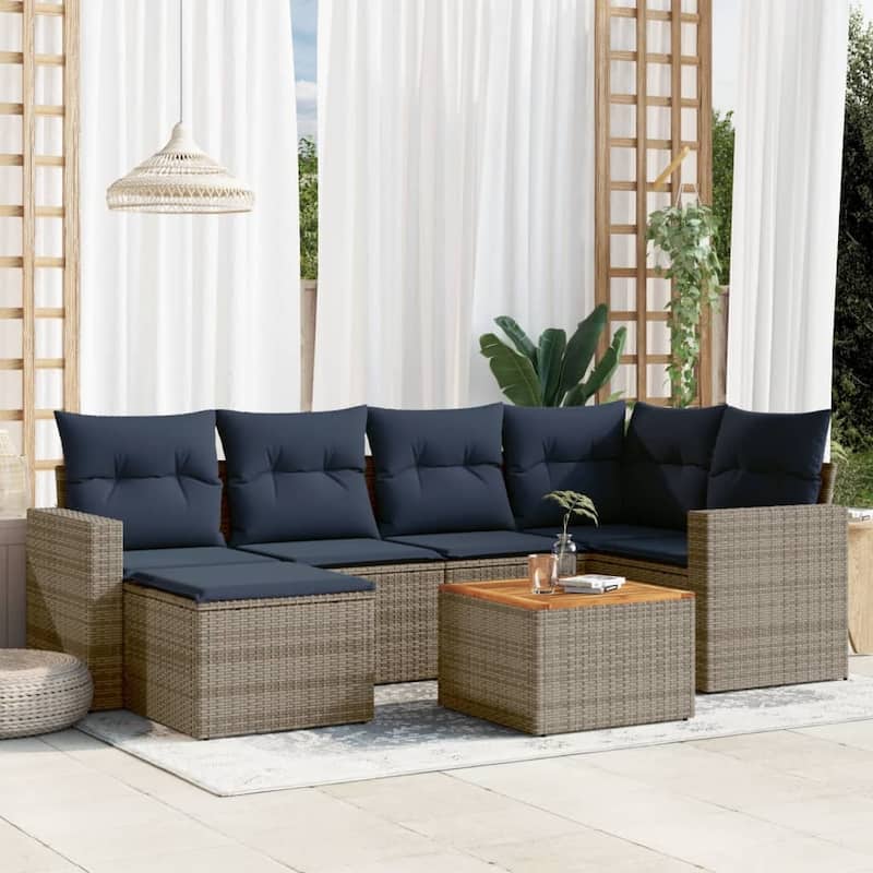 vidaXL 7 Piece Patio Sofa Set with Cushions Black Poly Rattan - 24.4" x 24.4" x 27.2" - Grey