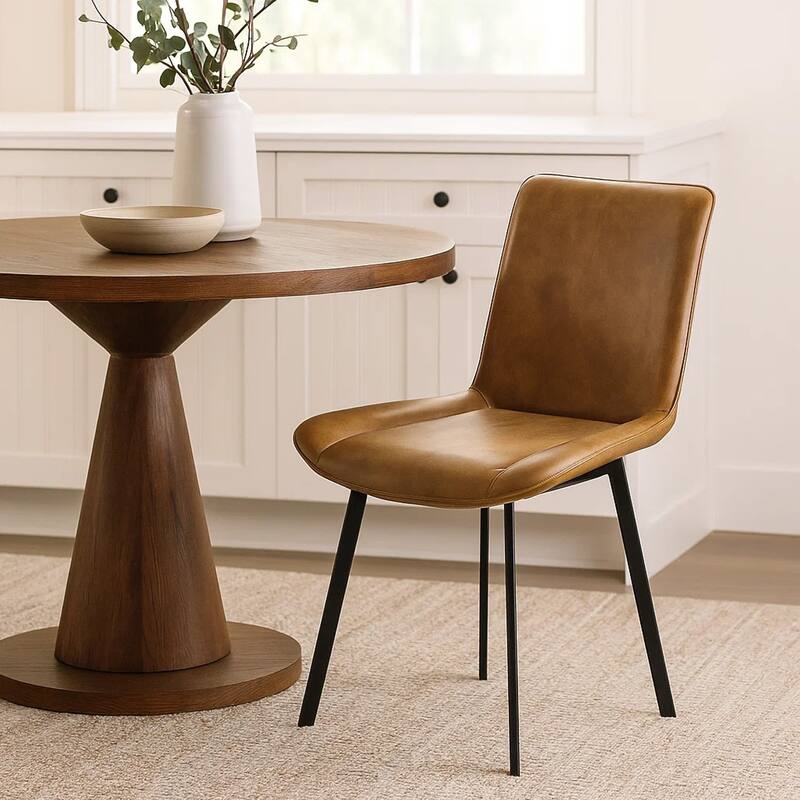 Isha Dining Chair Set of 2, Light Brown Faux Leather, Black Iron Legs