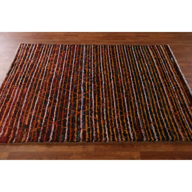 Striped Trellis Moroccan Oriental Rug Hand-Knotted Wool Carpet - 4'7" x 6'4"