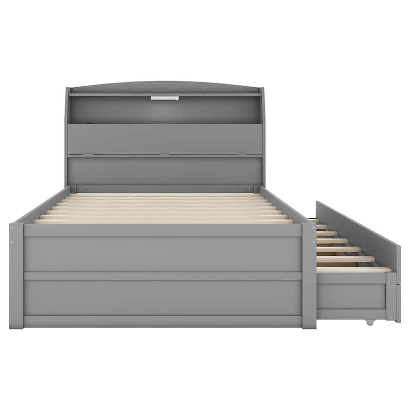Wood Captain Bed Platform Bed with Trundle and 3 Drawers, Single Bed Frame with Storage Headboard and Integrated LED Light
