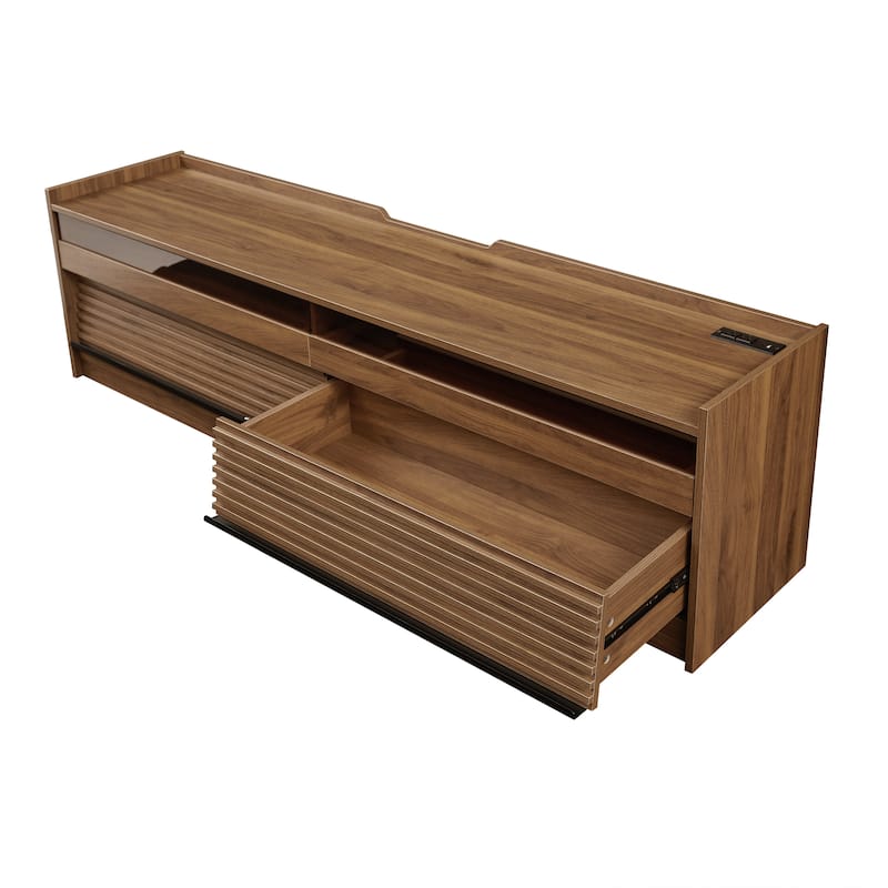 68.9" Modern TV Stand with 4 Glass-Front Drawers - Built-in Charging Station, Ambient LED Lighting