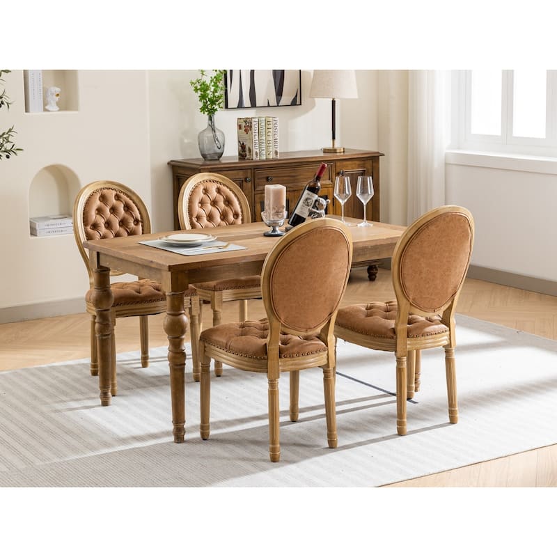 French Dining Chair Set of 2 Leather Upholstered Dining Chair Solid Wood Frame Oval Backrest Side Chair Without Arms