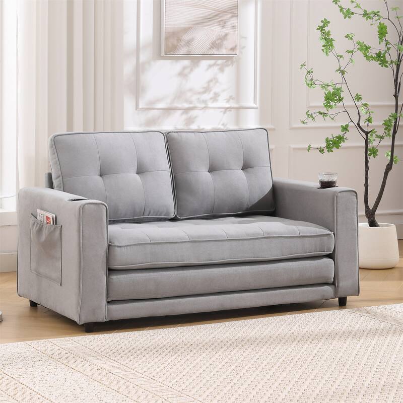 Upholstered Convertible Sofa Bed with Side Pockets and Cup Holder - Grey