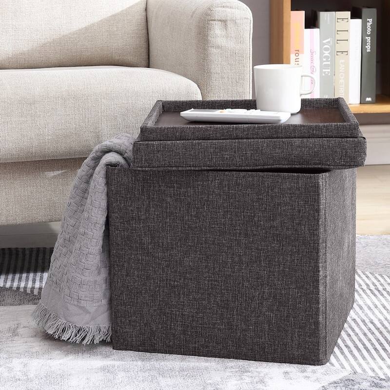 Foldable Tufted Square Storage Ottoman with Table Top Lid - Charcoal Gray