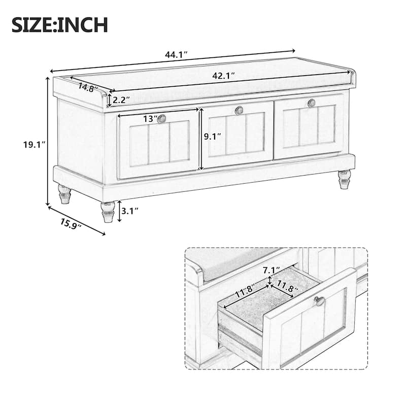 Roomfitters Classic Entryway Bench with Cushion, 3 Hidden Storage Spaces, Grooved Doors and Round Handles
