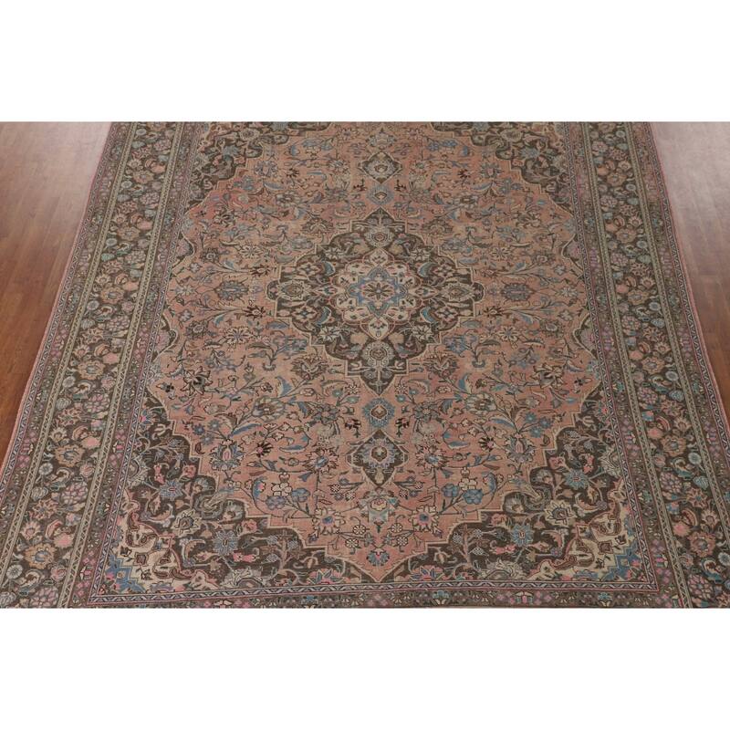 Traditional Pink Mashad Persian Vintage Rug Handmade Wool Carpet - 9'6"x 12'6"