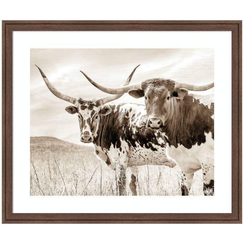 Kate and Laurel Sepia Texas Longhorn Cattle in Pasture by The Creative Bunch Studio Framed Wall Art Print - 26 x 22 - Brown