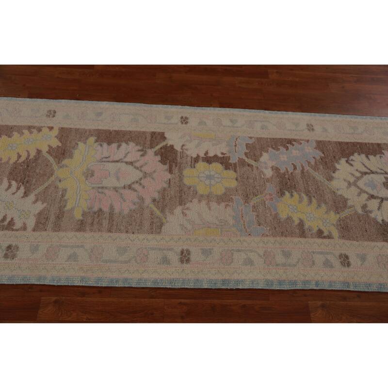 Hand Knotted Oriental 100% Wool Carpet Transitional Floral Brown Oushak Runner Rug - 17' 6'' X 3' 2''