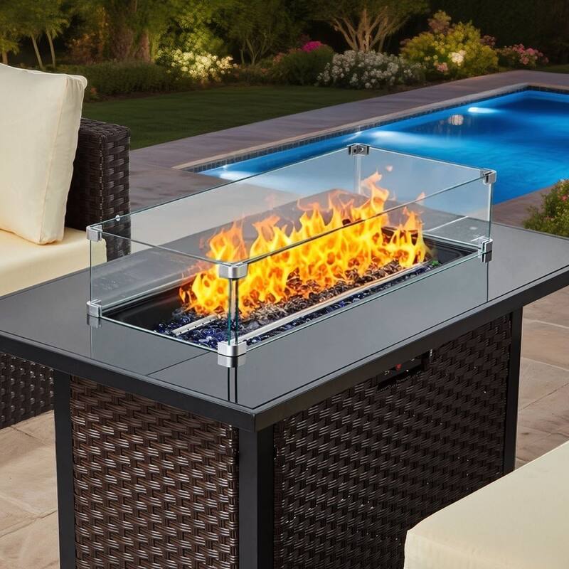 Beige-Mix Brown PE Rattan 6-Piece Patio Furniture Set with 44-Inch Fire Pit Table and Cushioned Steel Frame Sofas