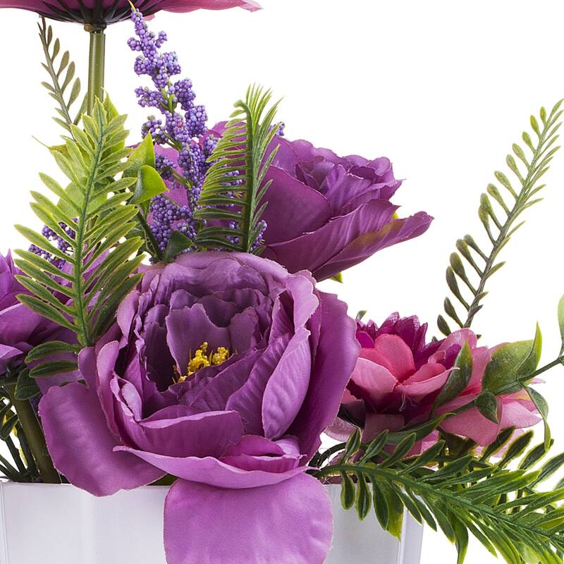 Enova Home Mixed Artificial Silk Peony and Dahlia Fake Flowers Arrangement in White Pot for Home Office Decoration