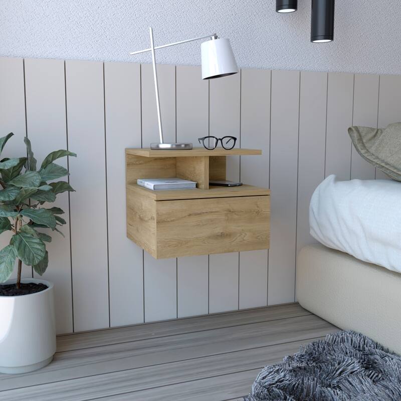 Floating Nightstand with Drawer and Open Storage Shelves - Beige
