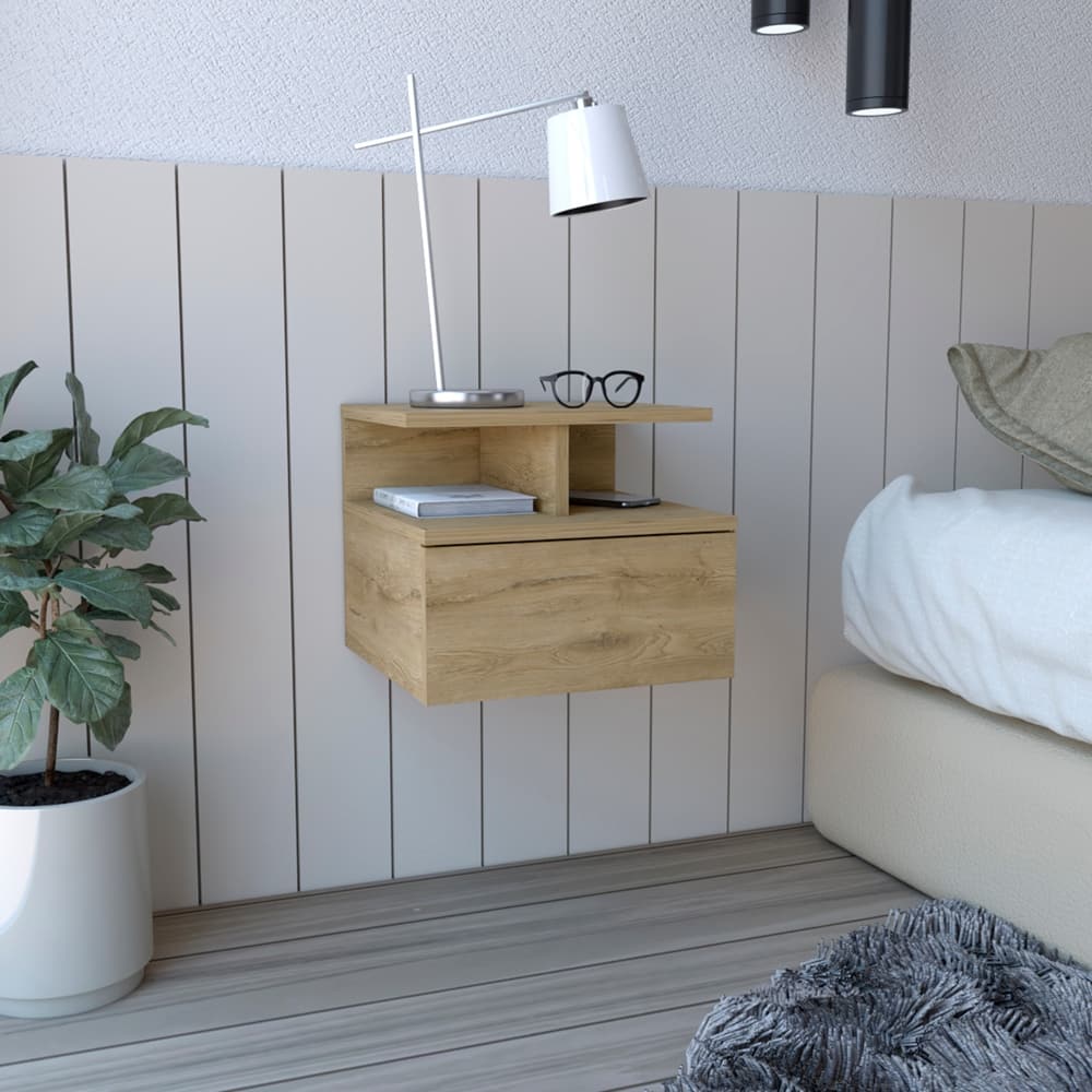 Floating Nightstand with Drawer and Open Storage Shelves
