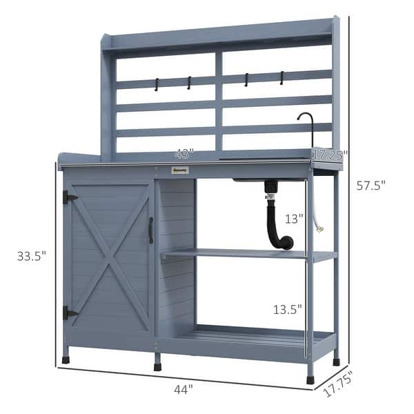 dimension image slide 0 of 3, Outsunny Wooden Potting Bench, Outdoor Potting Table with Storage Cabinet, Storage Shelves, Sink