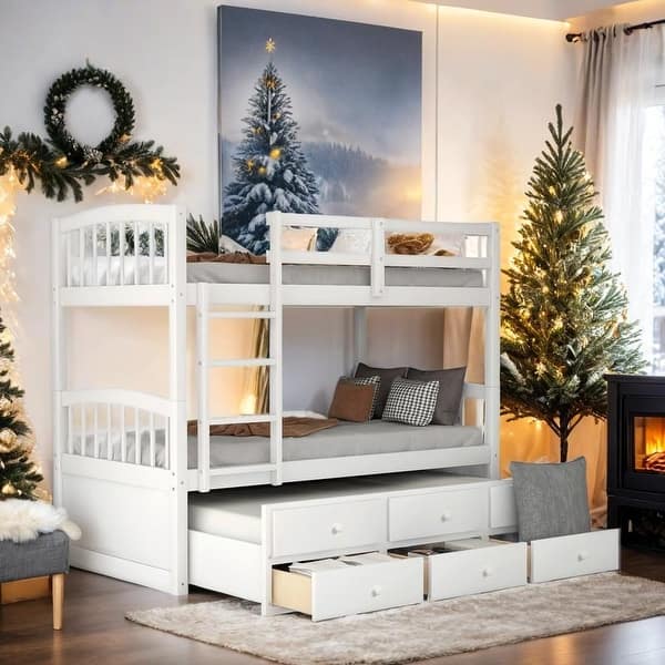 slide 2 of 37, Twin Bunk Bed with Trundle, Ladder, Safety Rail and 3 Drawers White