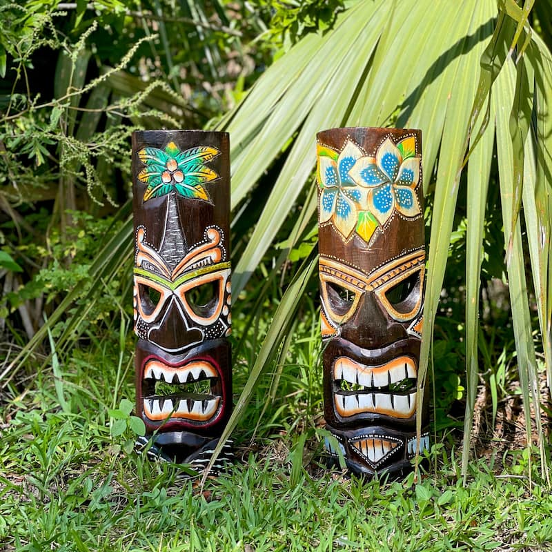 Carved Wood 20 Inch Tiki Wall Masks Palm/ Plumeria Flower (Set Of 2)