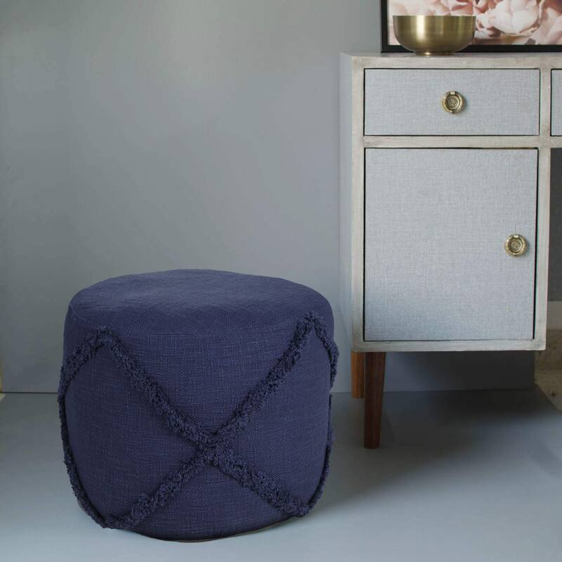 18" Blue Solid Textured Diamond Round Pouf Ottoman
