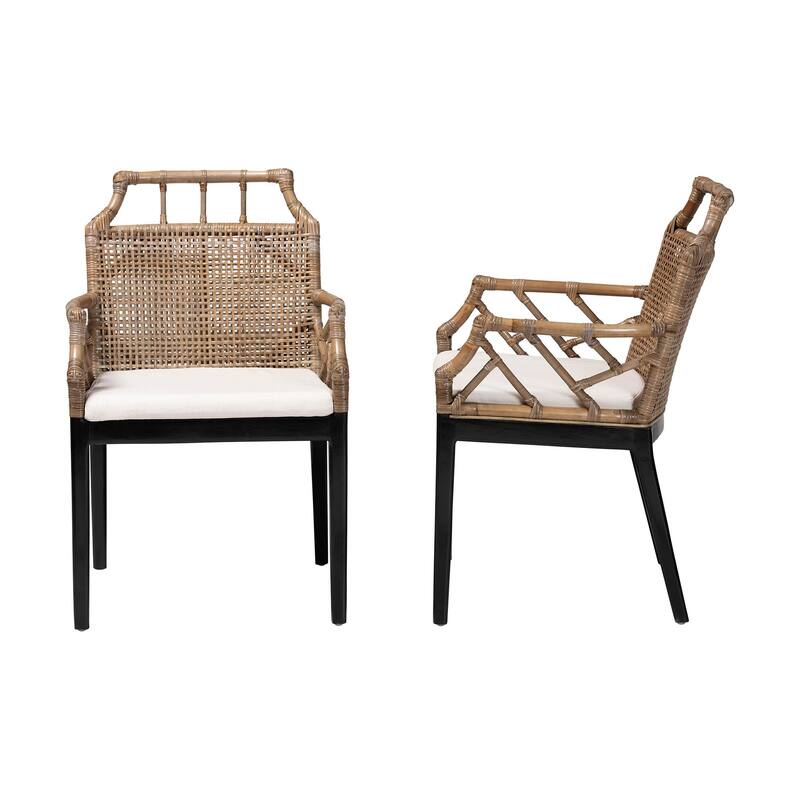 Abiel Natural Rattan Dining Armchair with Cushion - Handwoven Wicker Chair with Mahogany Wood Frame, Coastal Boho Seating