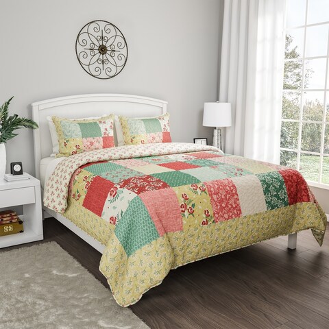 Quilt Bed Set- Hypoallergenic Polyester Microfiber Sweet Dreams Patchwork Pastel Floral Print with Sham by Windsor Home