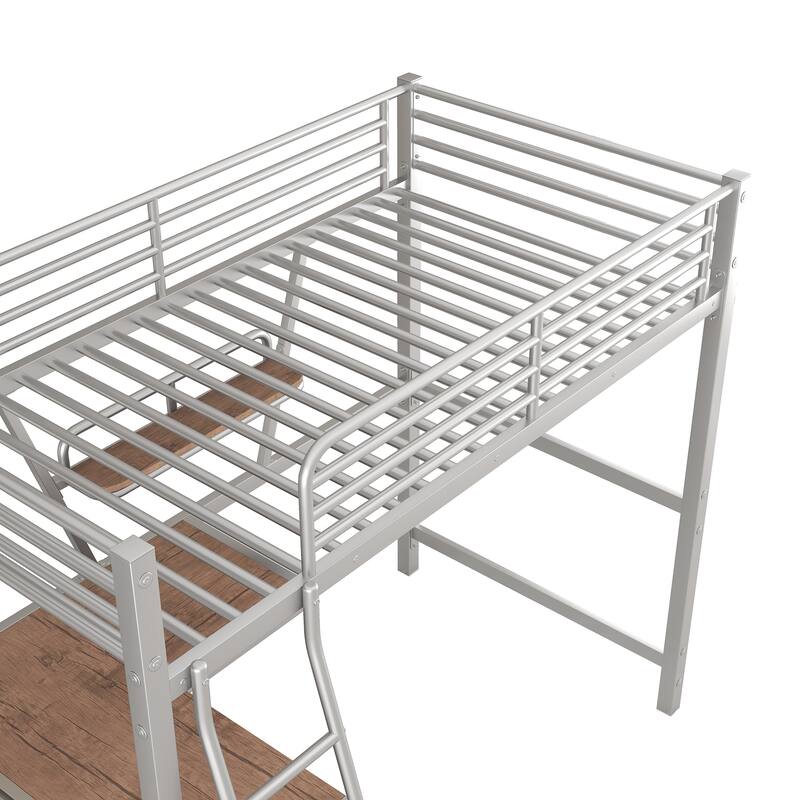 Twin Size Loft Bed with Desk and Shelf, Metal & MDF Frame, Black