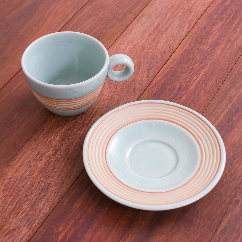 Celadon ceramic cup and saucer, 'Aqua Oasis'