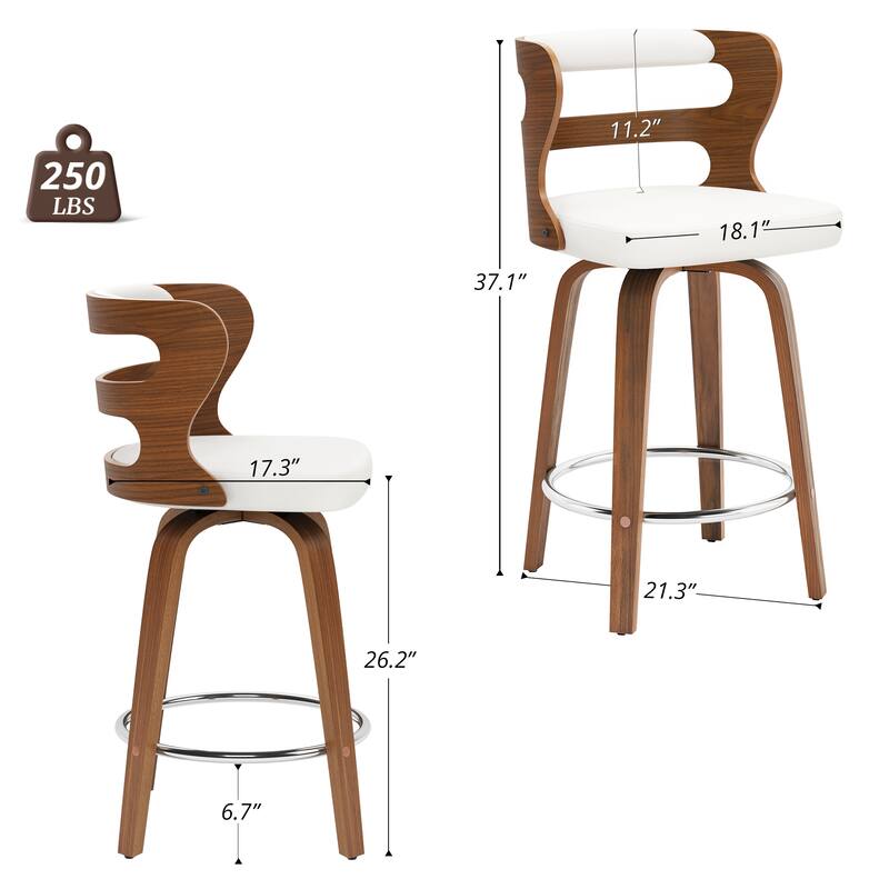 26 in. Swivel Counter Bar Stools, Bar stool with Bent Wood Legs & Round Footrest - 26" H