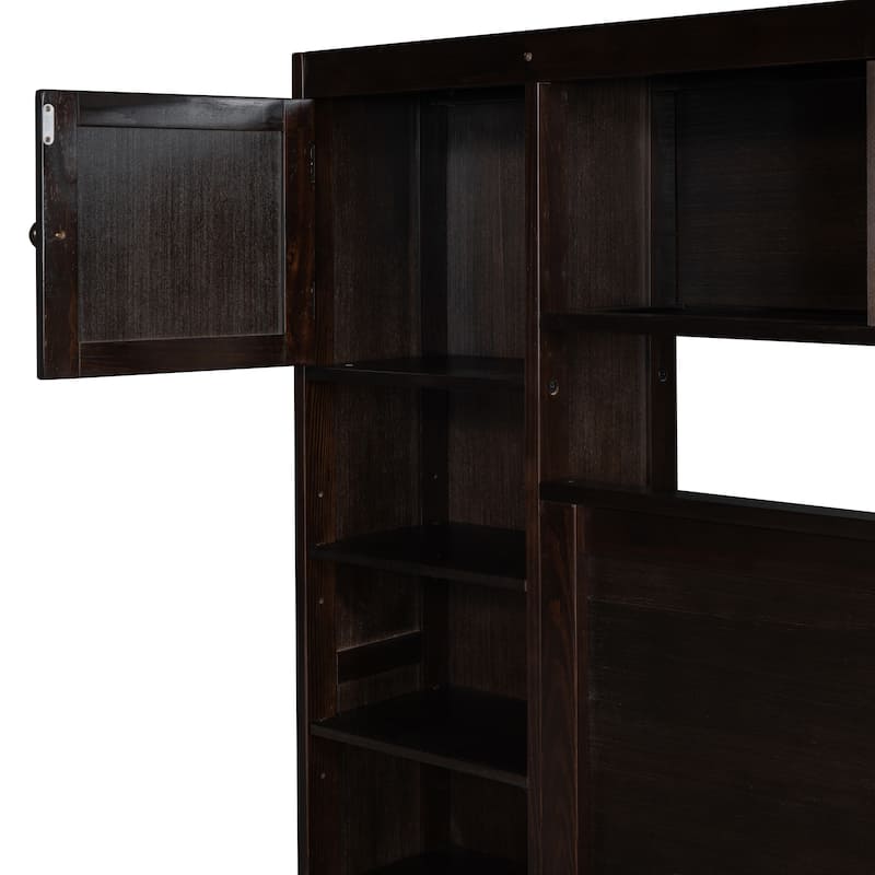 Black Wooden Queen Size Bed With Integrated Storage Cabinet, Shelf, and Drawers, USB Ports