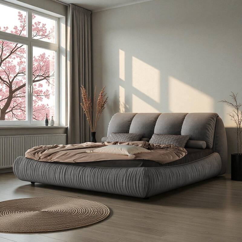 Queen/King Size Luxury Upholstered Platform Bed with Oversized Padded Headboard, Solid Wood Frame & Adjustable Mattress Height