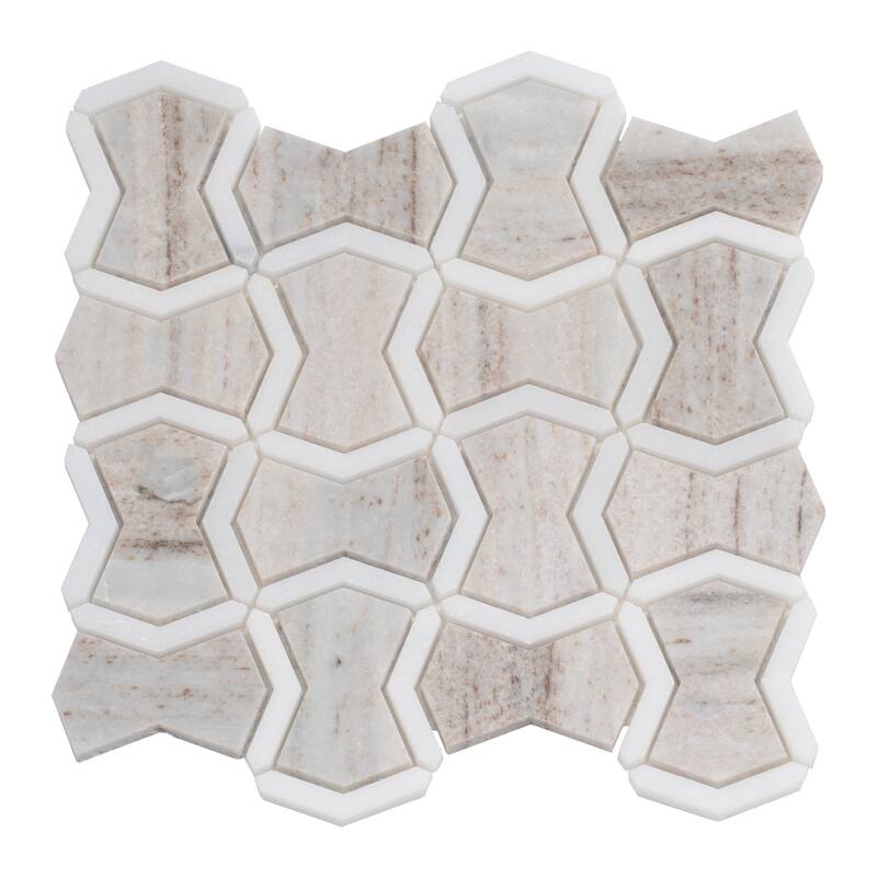 Mirage 10x10 Warm Beige White Marble White Mosaic Bowtie Wall and Floor Tile (3.68 sq ft/case) - 5 Pack