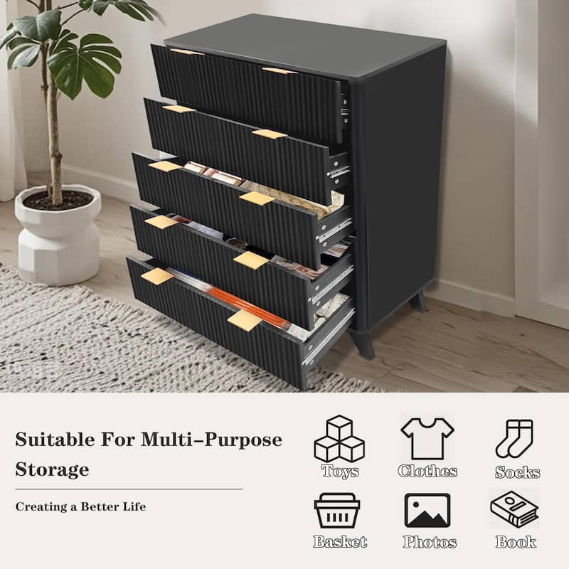 5 Drawer Fluted Dresser, 48" Tall Modern Wood Storage Chest