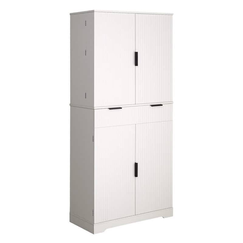 72" Fluted Kitchen Pantry Cabinet, Freestanding Cupboard Storage Cabinet with Drawers and Adjustable Shelves