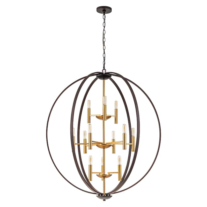 12-Light Brown Aged Brass Mid-Century Modern 3-Tiered Oversized Chandelier with Candle Style - 35.4 in. W x 41.3 in. H