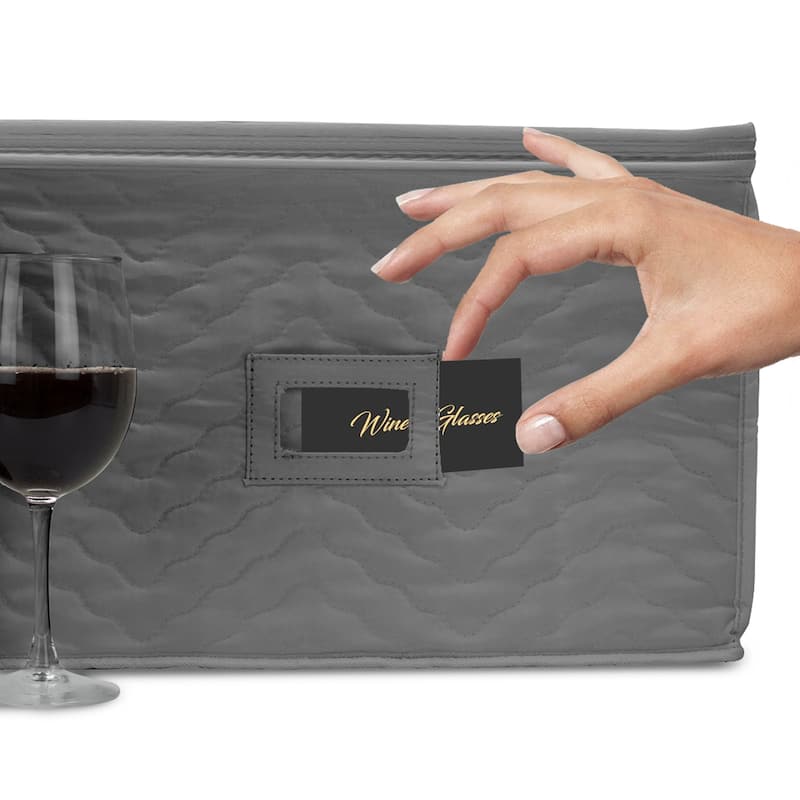 Stemware Wine Glass Storage Chest - Deluxe Quilted Microfiber Holds 12 Glasses (Beige / Gray)