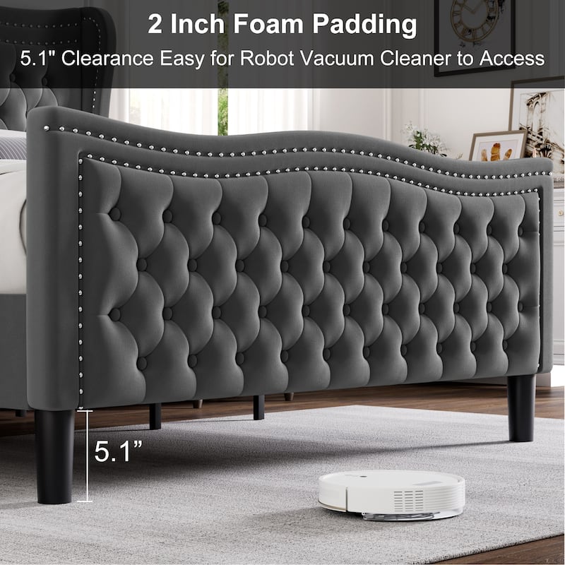 Full Size Tufted Wingback Bed Grey Velvet Upholstered Platform Bed with Solid Wood Slat Support Frame and Nailhead Trim