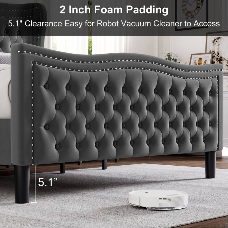 Wingback Platform Bed King Size Velvet Upholstered Bed with Nailhead Trim and Tufted Headboard Footboard, Wood Slats Support
