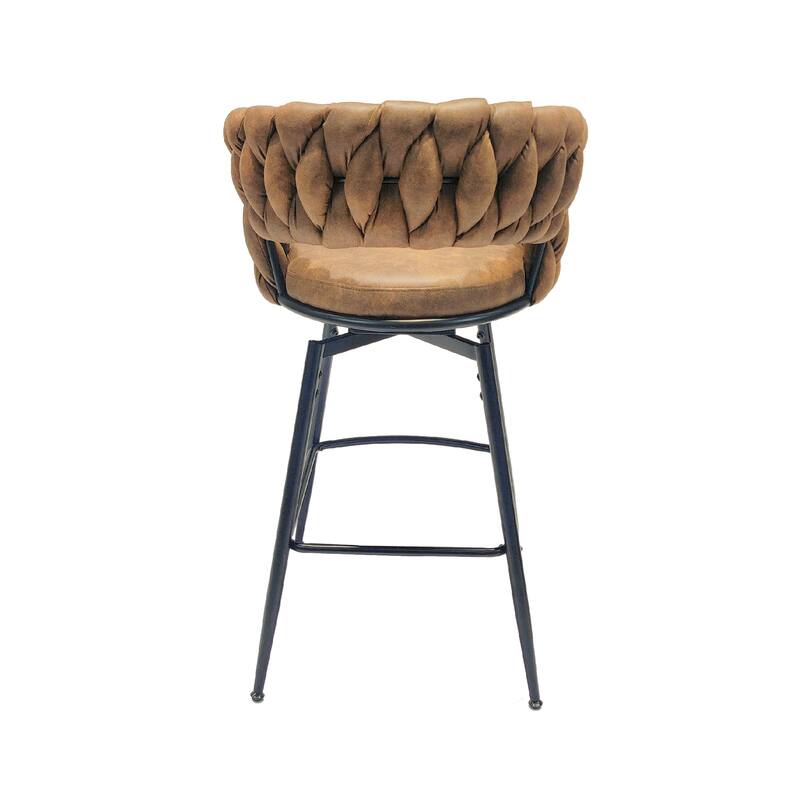 28" Technical Leather Woven Bar Stool Set of 2, Black legs Barstools, No Adjustable Kitchen Island Chairs