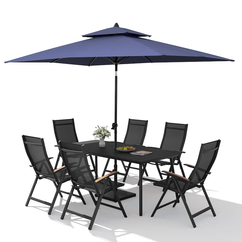 9PC Outdoor Patio Dining Set Wood-Like Aluminum Umbrella Hole Table with Folding Chairs,Double Top Market Umbrella and Base