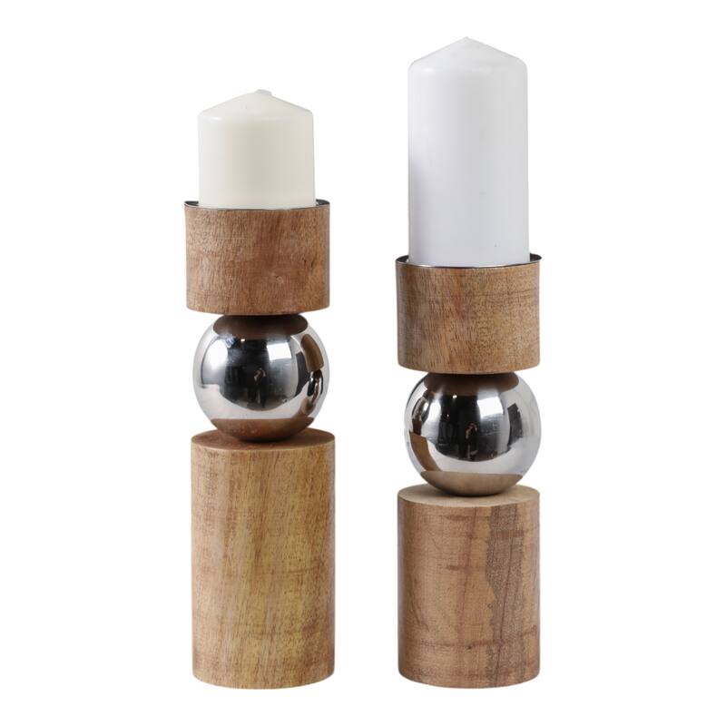 Candle Holders Set of 2 - Tan Wood Iron Sphere, 11/13" - 13.0"