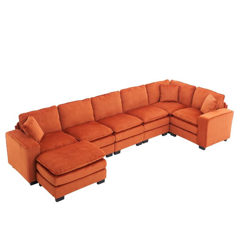 Modular Sectional Sofa for Living Room, U Shaped Sofa Couch with Ottoman and Three Toss Pillows, Corduroy Fabric Sofa Set