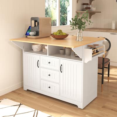 55.7''Kitchen Island,2 Drop Leaf,Rolling Kitchen Cart on 5 Wheels,Power Outlet,Folding Dining Table,Spice & Towel Rack,3 Drawers