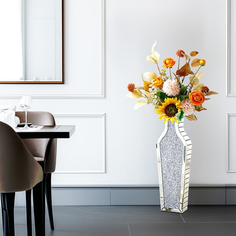 Glam Tall Crushed Diamond Floor Vase Crystal Silver for Home Decor