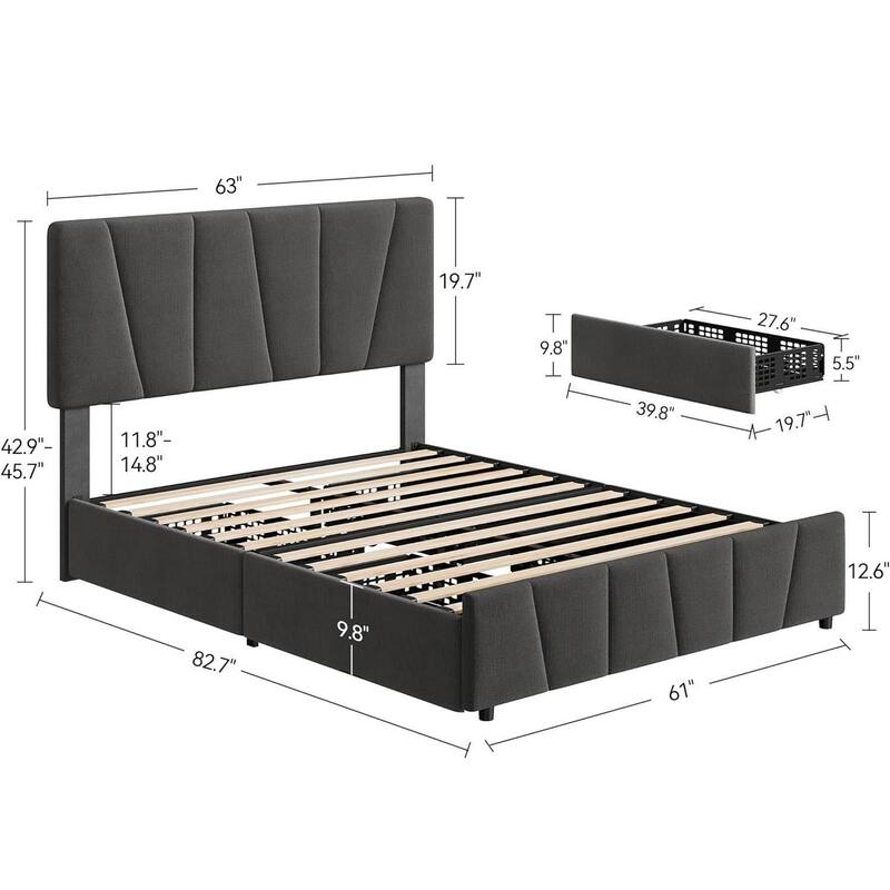 Upholstered Platform Bed Frame with Headboard and 4 Storage Drawers - Queen